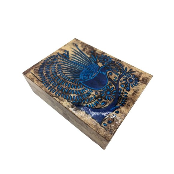 VTG Handmade Amati Painted Bark Box With Blue Peacock Design & Hinged Lid - Picture 5 of 12